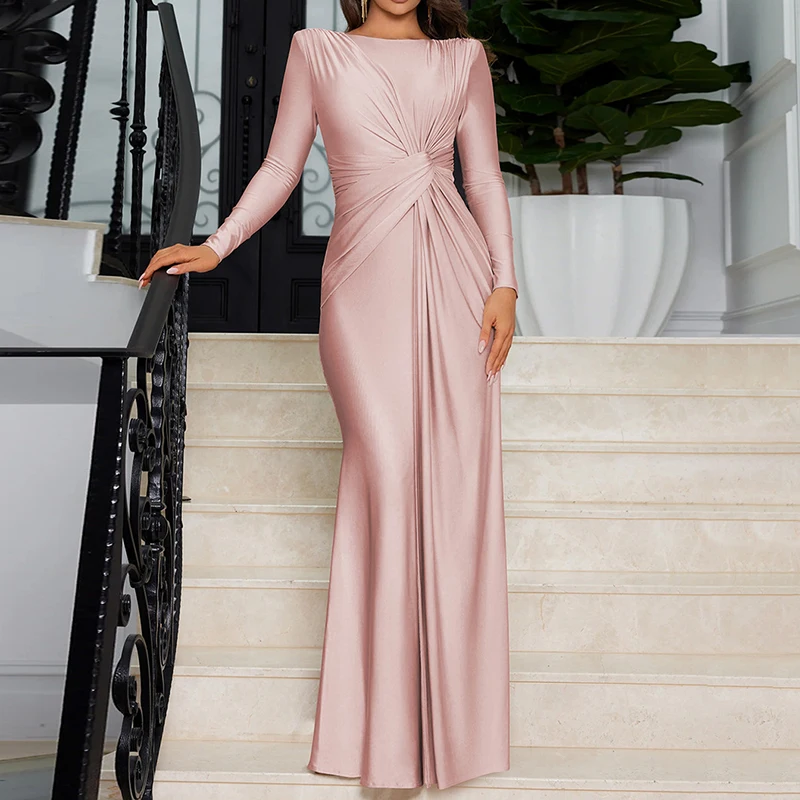 Elegant O Collar Twist Up Prom Gown Autumn New Long Sleeve Solid Pullover Dress Fashion Banquet Temperament Slim Evening Dresses