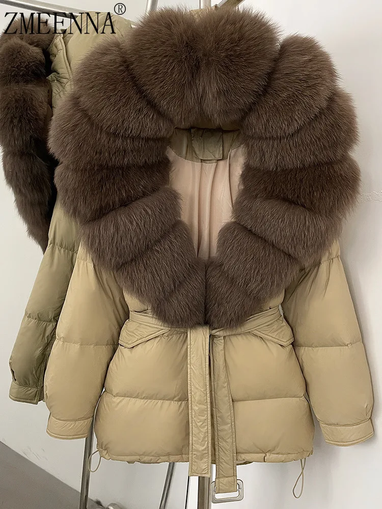 

ZMEENNA женский пуховик цвета хаки из искусственного меха с большим воротником и поясом на талии, теплый зимний пуховик, верхняя одежда ZM4203