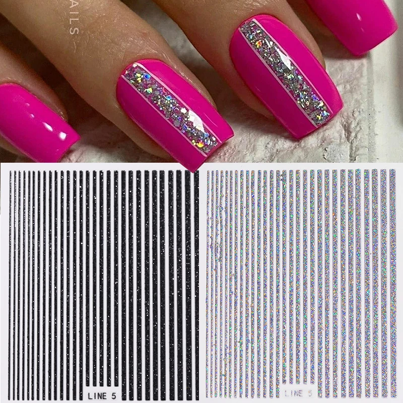 Silber Bronzing Gestreifte Nail Art Aufkleber Geometrische Linien Blumen Französische Schleife Transfer 3D Nagelaufkleber Y2K Nail Art Supplies