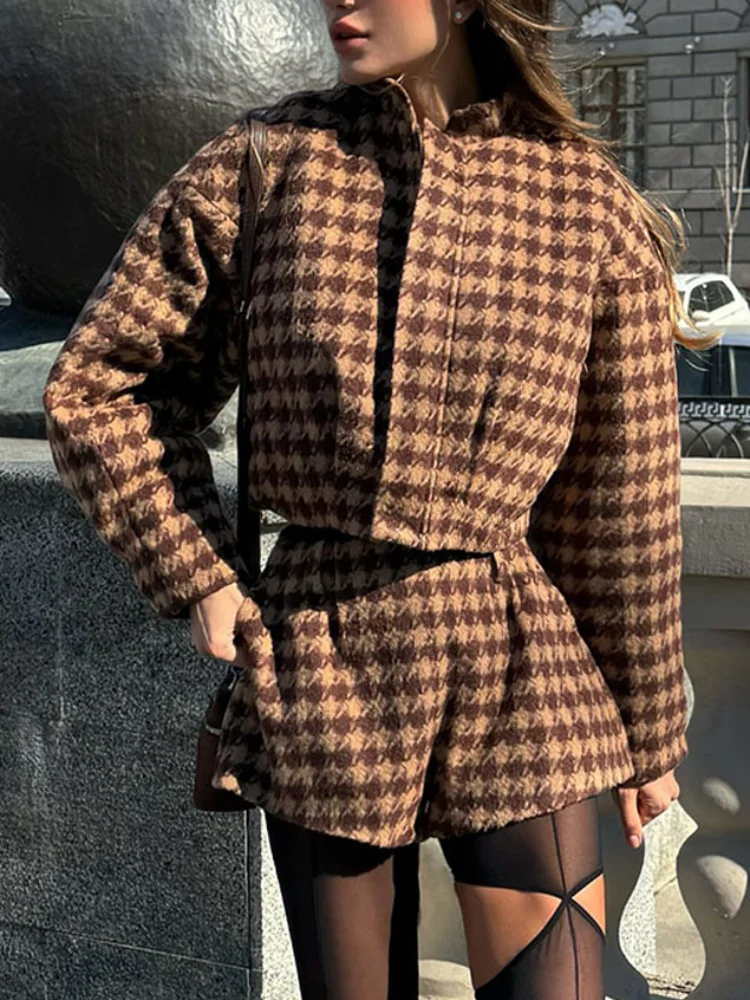 طوق الخشنة تويد معطف قصير المتوترة السراويل النساء مجموعة طويلة الأكمام زر أعلى مستقيم السراويل الخريف جديد شارع العليا سيدة البدلة #5