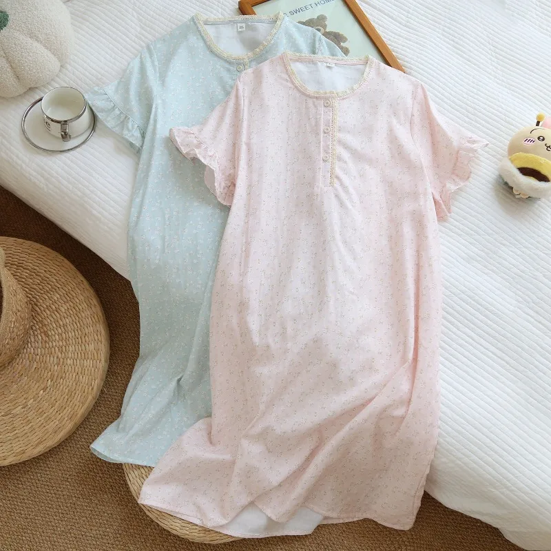 2026 New Summer Women's Nightgown 100% Cotton Double-layer Gauze Short Sleeved Floral Round Neck Thin Fresh Home Skirt Women