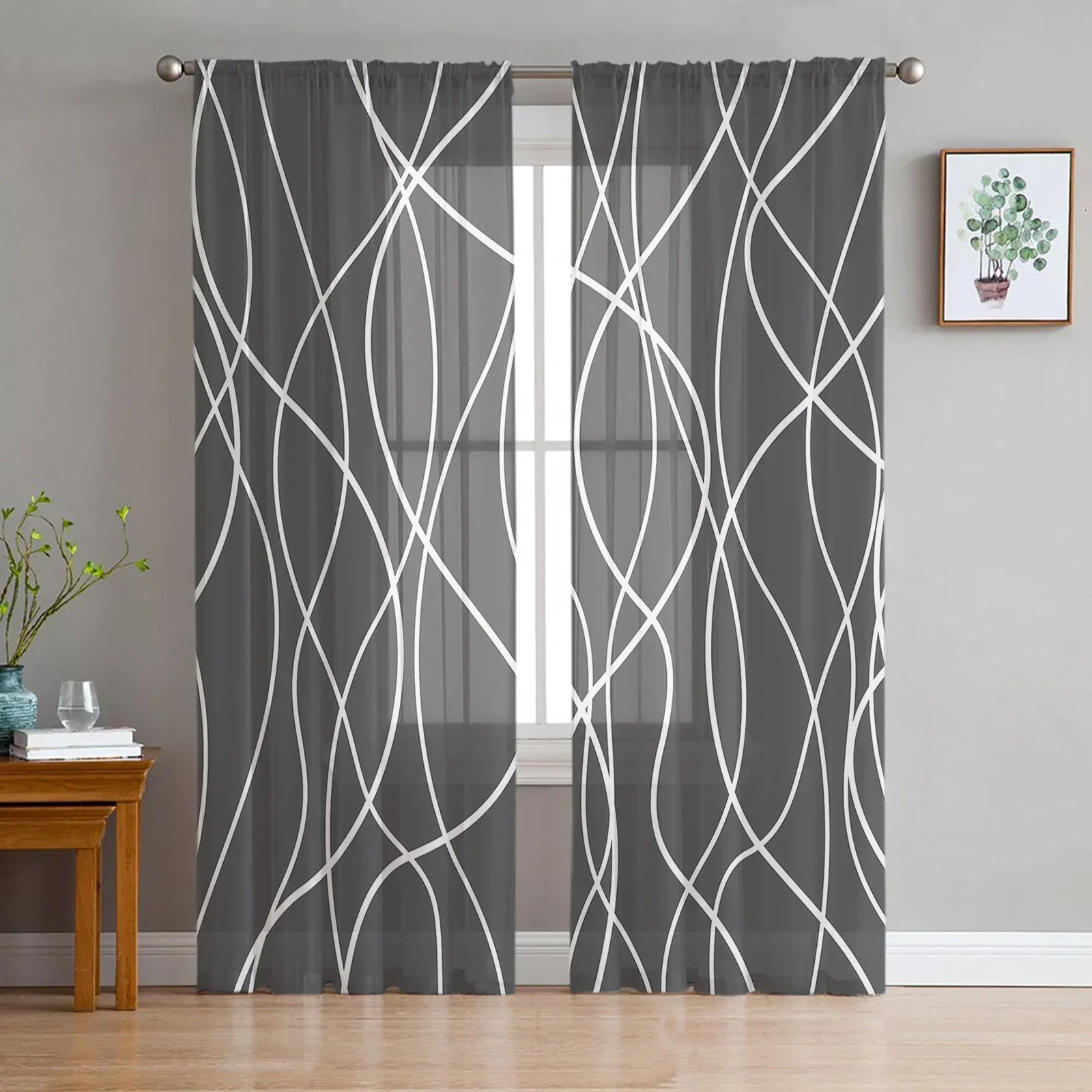 Twisted Lines Modern Art Grey Sheer Curtains Home Window Decorations Voile Tulle Curtains For Living Room Bedroom Kitchen