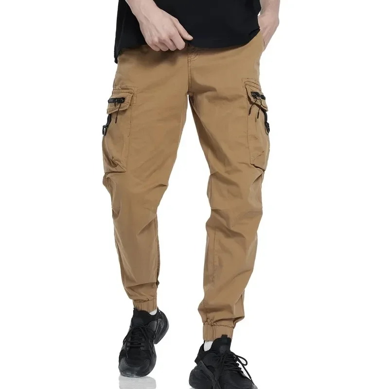 LIBIELIY Celana Kargo Pria Banyak Saku Musim Gugur Celana Panjang Kasual Ramping Pakaian Jalanan Pria Jogging Pinggang Elastis Solid Pekerjaan Katun