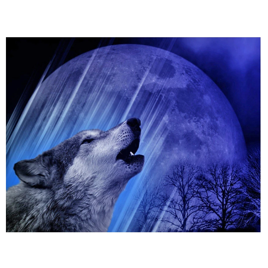 5D DIY Diamond Painting Wolf Animal Moon Night View Full Diamond Embroidery Cross Stitch Kits Rhinestone Crafts Wall Decor