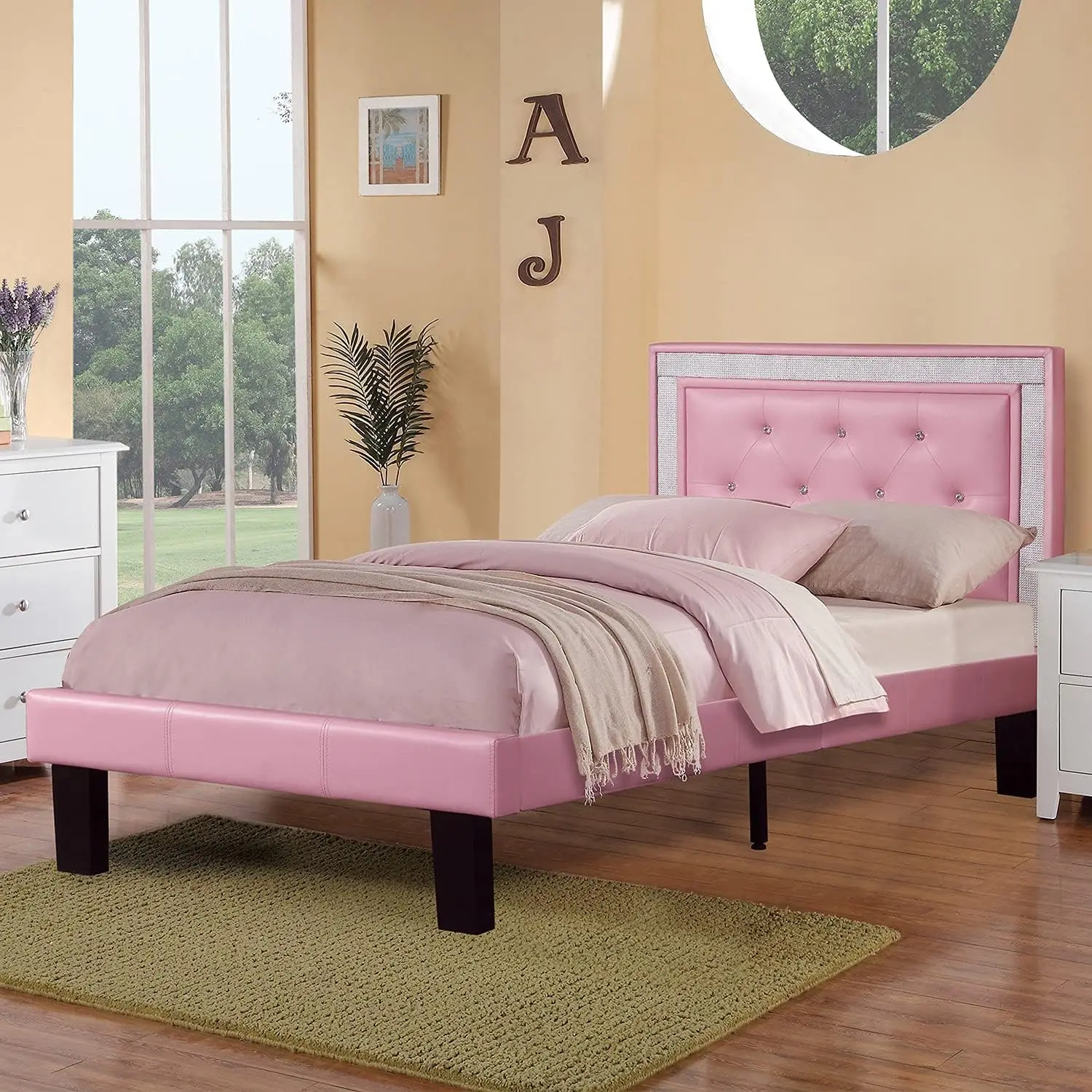 Elegant Pink Twin Upholstered Bedframe Poundex F9375T Bobkona Heartland-Sleep in Style & Comfort