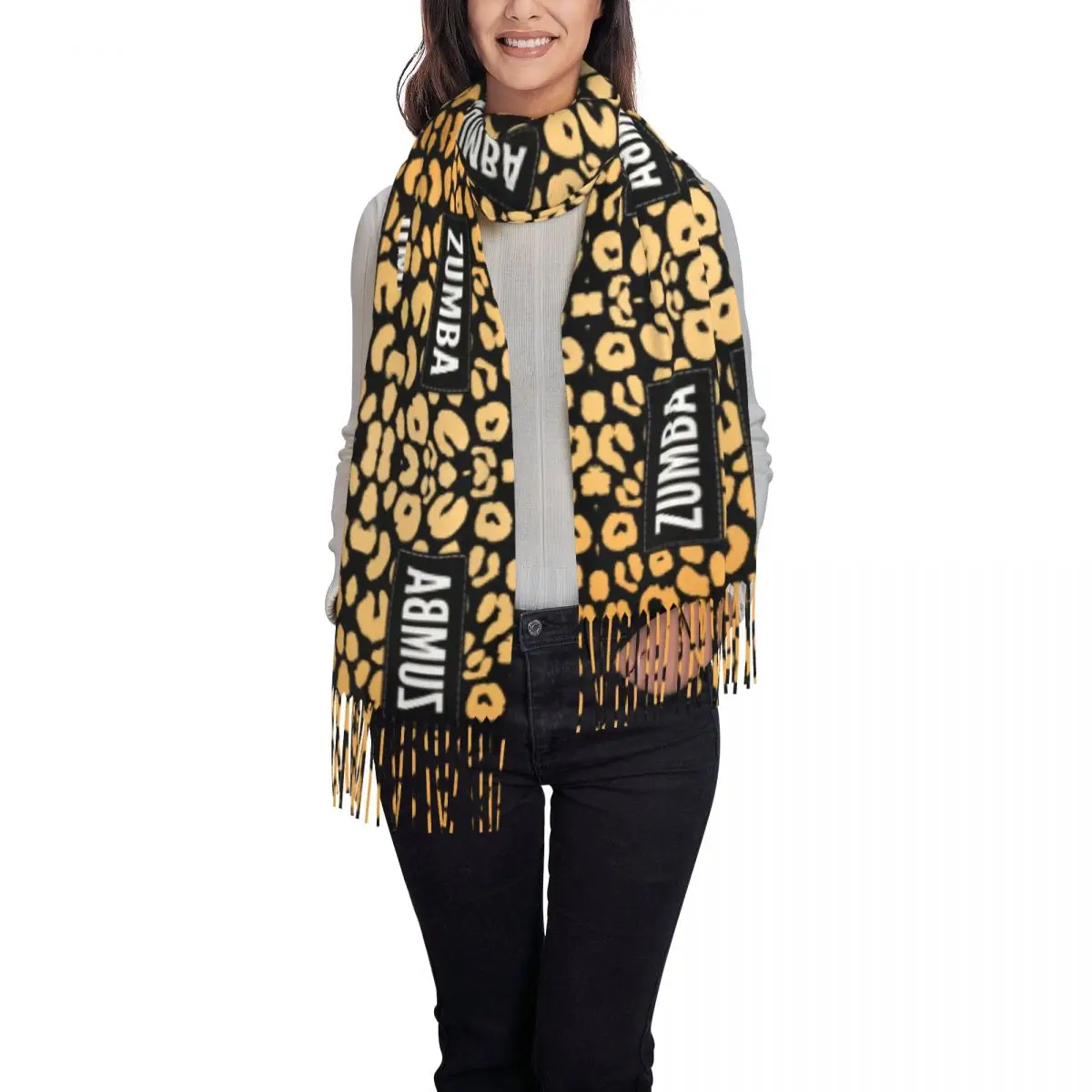 Custom Zumbas Dance Leopard Pattern Scarf Wrap for Women Long Winter Fall Warm Tassel Shawl Unisex Scarves