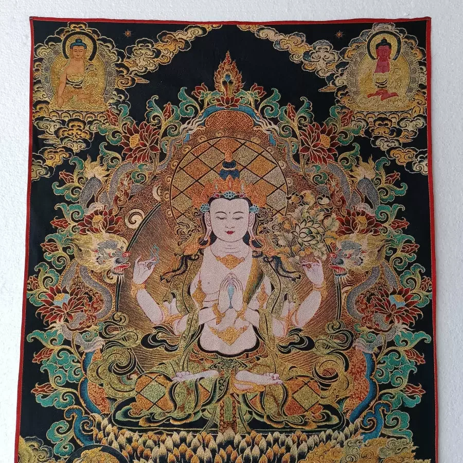 35.4″ Four-Armed Avalokiteshvara Brocade Tibetan Tangka Embroidery Painting Gold Thread Embroidery Decorative Hanging Art