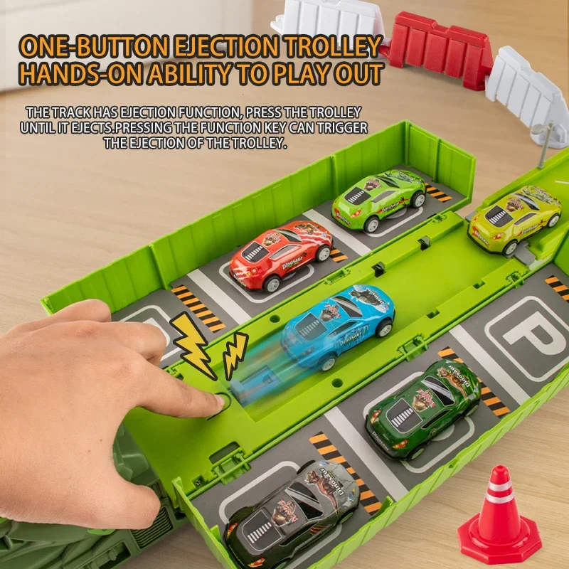 Set di auto contenitore per dinosauri di grandi dimensioni Auto ferroviaria pieghevole Auto di stoccaggio per bambini Auto per espulsione giocattolo Regalo di compleanno per ragazzo