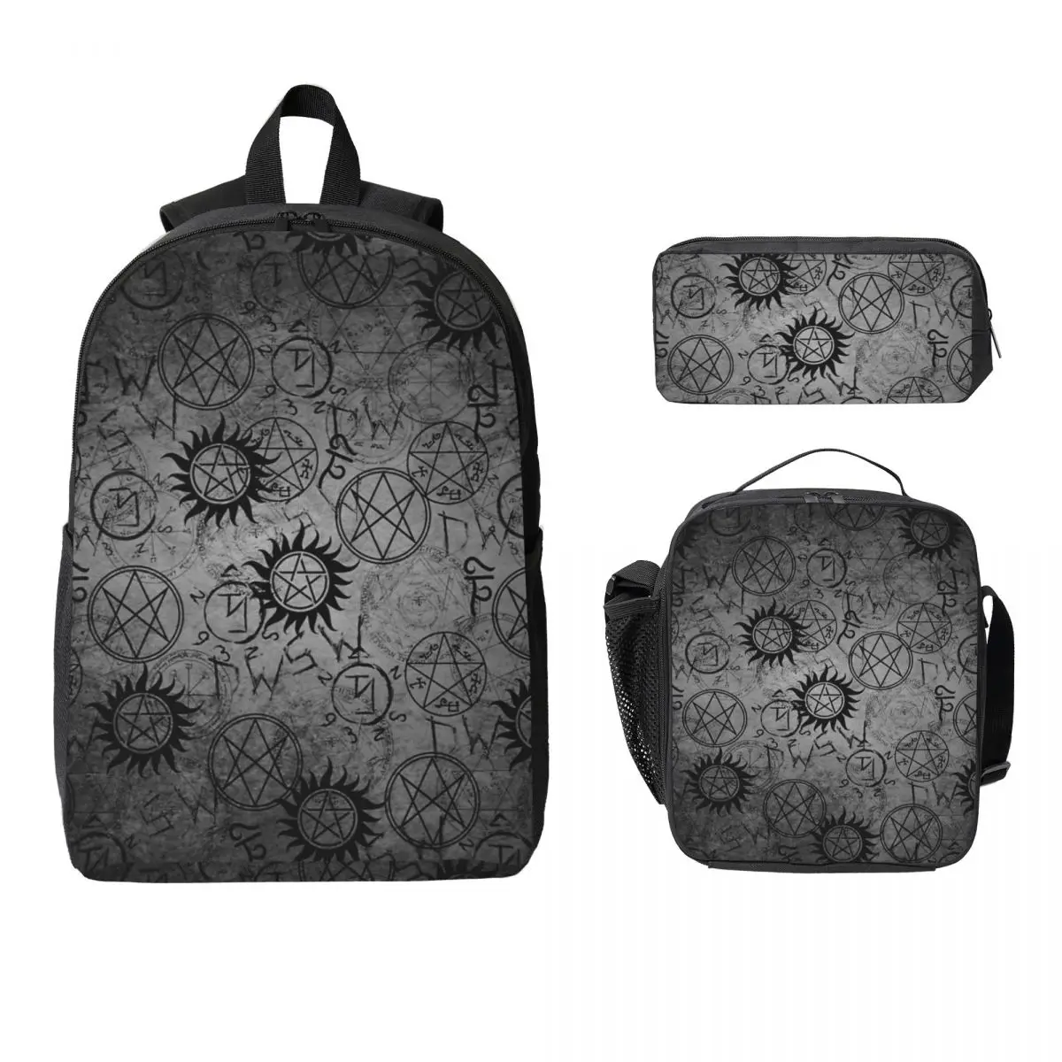 

Supernatural Grey Backpack Student BookBag School Bag Computer Shoulder Bags 3ps Insulated Lunch Bag Pencil Case