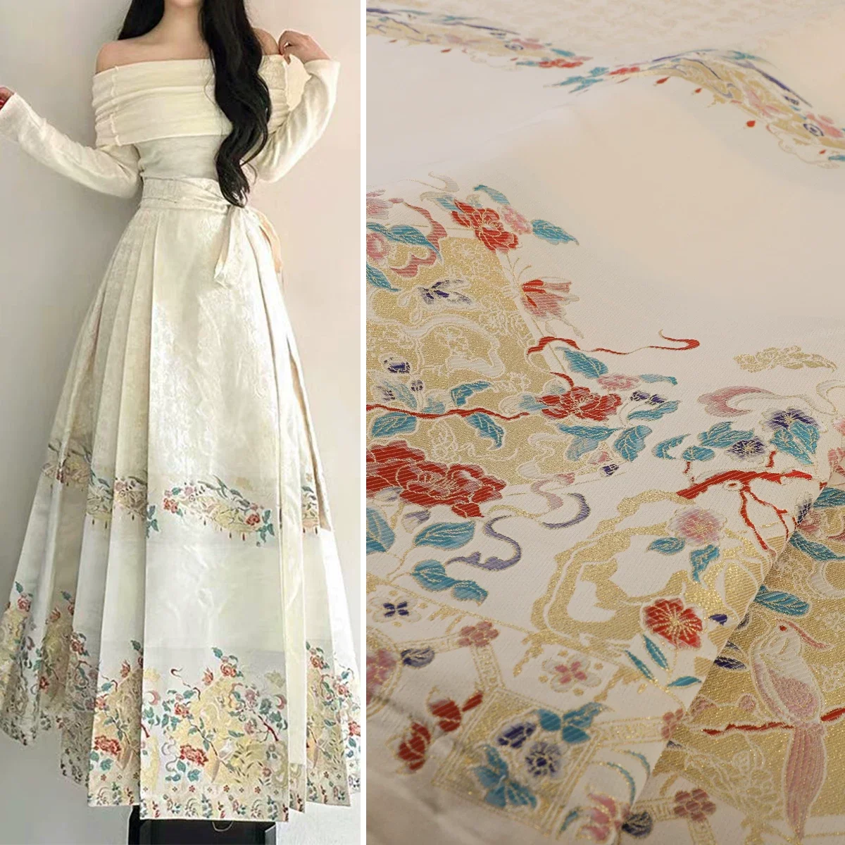 

Юбка-ханьфу «лошадиная морда» и соответствующий жилет из жаккардовой ткани – традиционный китайский материал для одежды с золотым плетением.