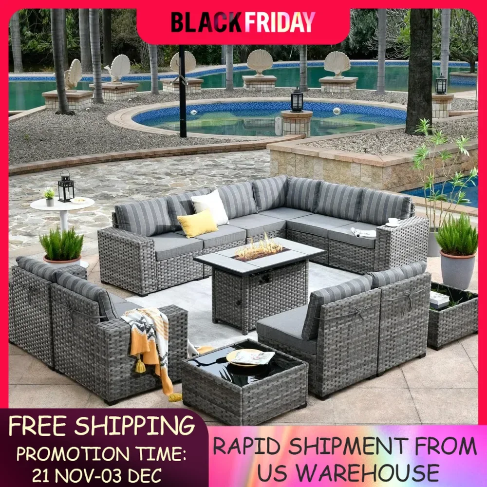 Outdoor Patio Sectional Furniture Sofa Set with Propane Fire Pit Table,13 Piece Large Modern Wicker Couch with Widened Armrest