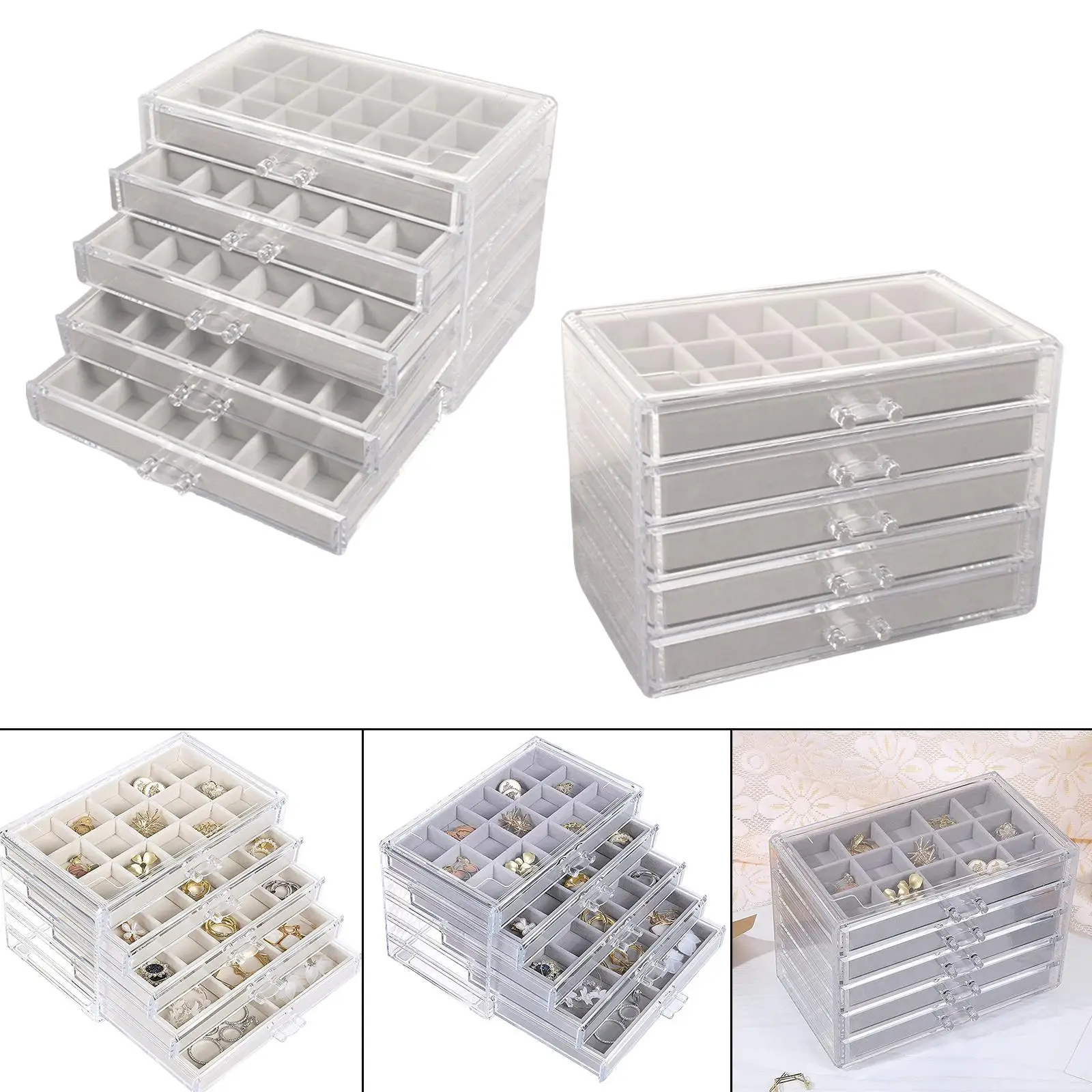 Acrylic Jewelry Box with 5 Drawers, Clear Earring Storage Organizer Display Case for Women Girls,75 Grids