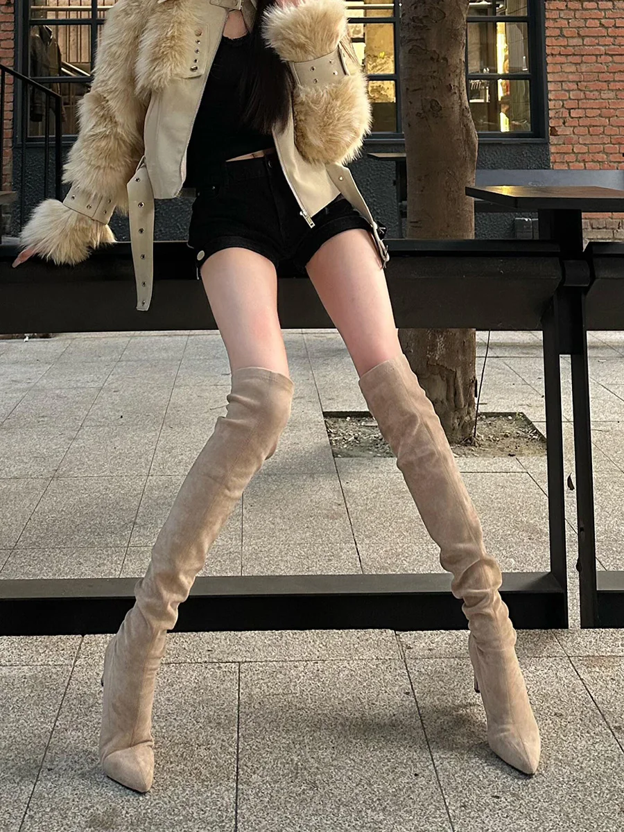 

Утягивающие бархатные сапоги выше колена цвета желтого цвета, женские осенне-зимние модные сапоги с мехом, длинные сапоги-трубы с острым носком на высоком каблуке