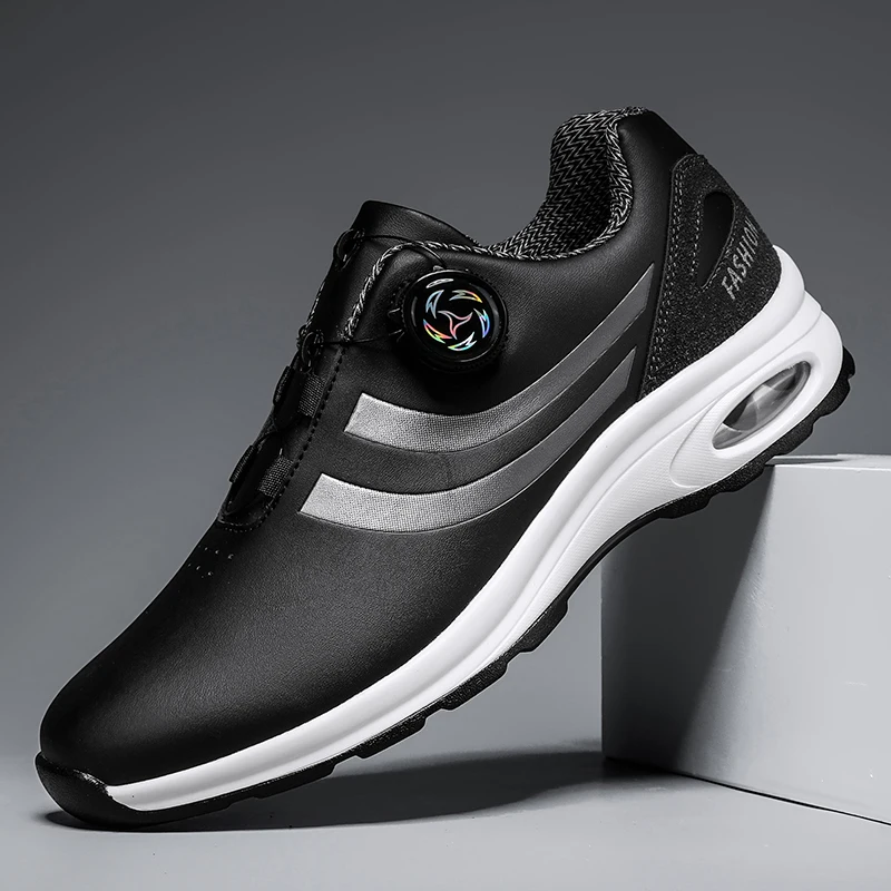 Men's Fashionable Casual Sports Shoes Summer New Outdoor Fashion Golf Shoes Men's Spiral Buckle Lace-Up Comfortable Elastic Adjustment Pu Leather Waterproof Wear-Resistant Thick Bottom with Air Cushion Shock-Absorbing Non-Slip Wear-Resistant Simple Stripesd Printing Contrasting Color Design Comfortable Sports Shoes Men's Outdoor Walking Casual Walking Shoes Men's Youth Fashionable Handsome Running Shoes