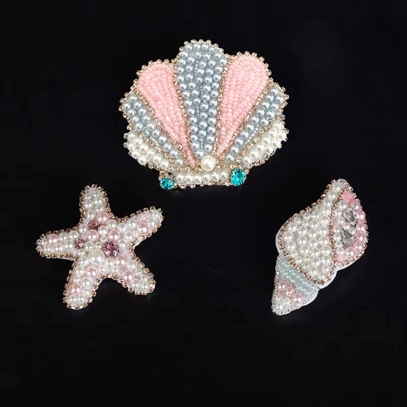 AHYONNIEX Handmade Beaded Patches Conch Starfish Shell Sew On Patch for Clothes Beaded Shoes Applique Cute Patches