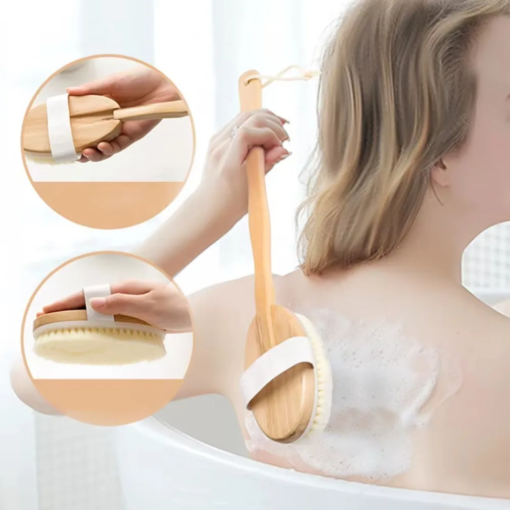 1pc Natural Wooden Detachable Long Handle Shower Body Scrub Brush Bathroom Wash Brushes Bathing Massager Back Exfoliating Brush