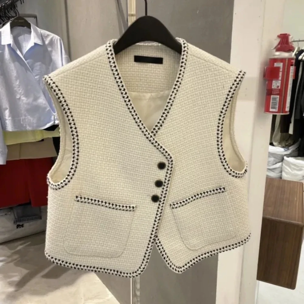 

Fashion All-match Vest Cardigan Coat Women 2024 Autumn New Sleeveless Black Jackets Y2k V-neck Single Breasted Tops Mujer