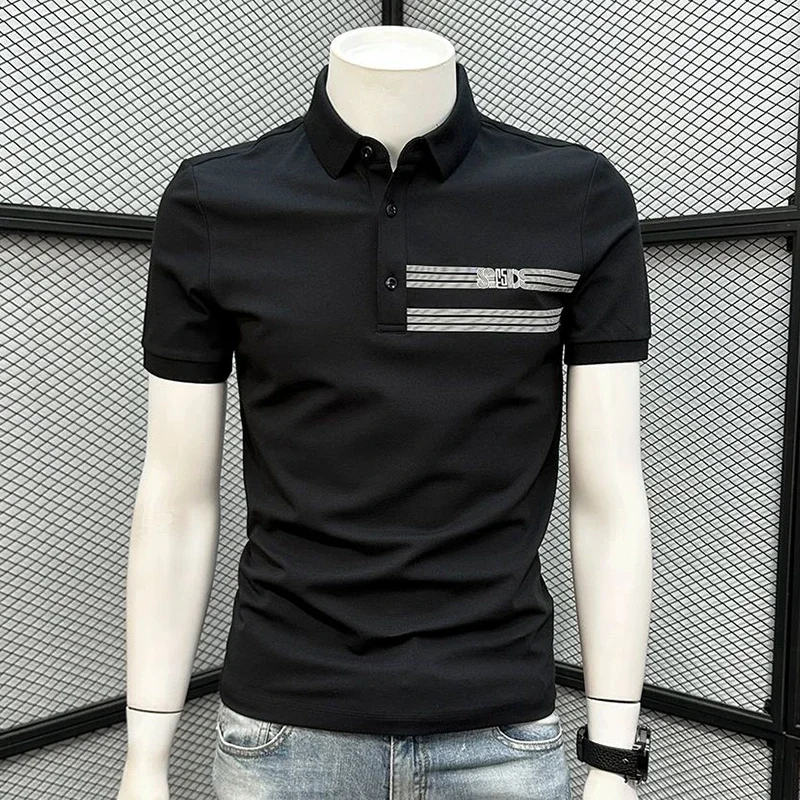 LIBIELIY Fashion Loose Printed Letter Business Striped Polo Shirts Men's Clothing 2025 Summer New Casual Pullovers Asymmetrical
