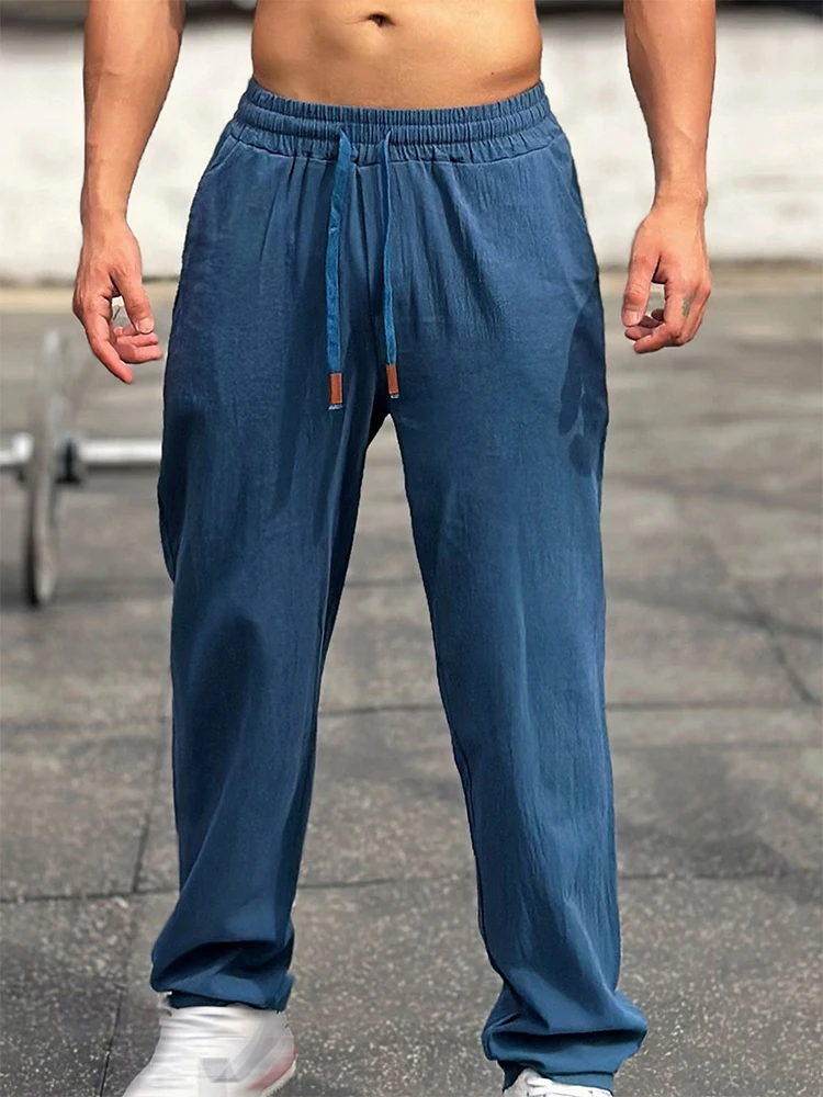 2024 Summer Mens Casual Pants Cotton Linen Solid Color Loose Drawstring Pants Streetwear Men Fashion Lace-up Straight Pants Male