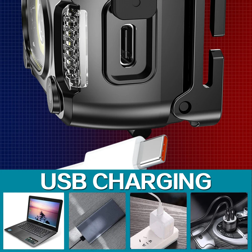COB LED Headlamp Sensor Headlight with Built-in Battery Flashlight USB Rechargeable Head Lamp Torch 6 Lighting Modes Work Light