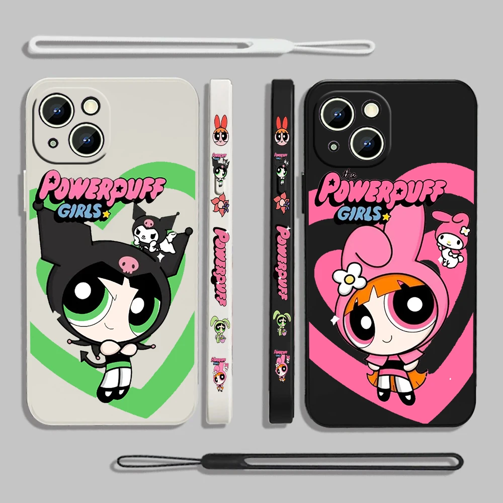 حبل سائل فاخر للفتيات Powerpuff ، Apple iPhone 15 ، 14 ، 13 ، 12 ، 11 ، XS ، XR ، X ، 8 ، 7 ، SE ، Pro Max ، Plus ، Mini ، رجوع