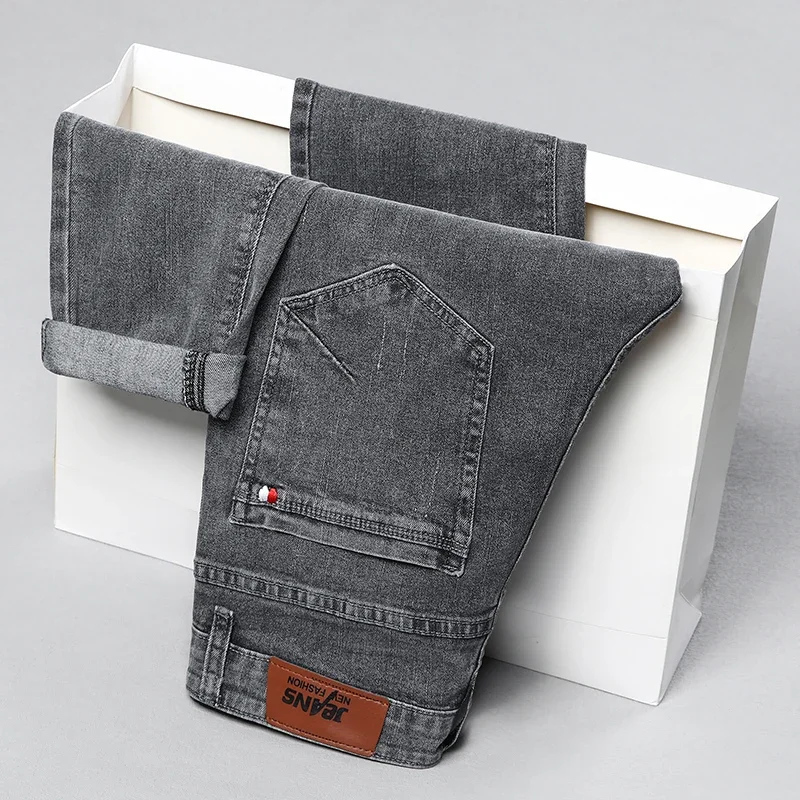 Men's Stretch Slim Fit Jeans Gray Korean Fashion Skinny Small Straight Denim Pants Spring Autumn Casual Trousers Male Clothes