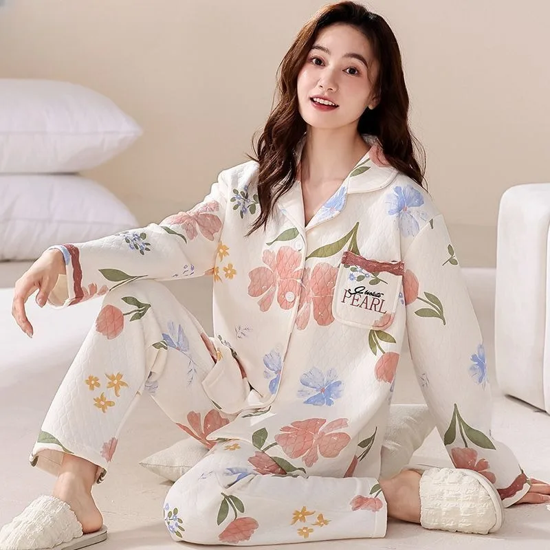 2024 New Women Sandwich Cotton Pajamas Autumn Winter Female Pure Cotton Long-Sleeved Homewear Thicken Thermal Nightclothes Suit