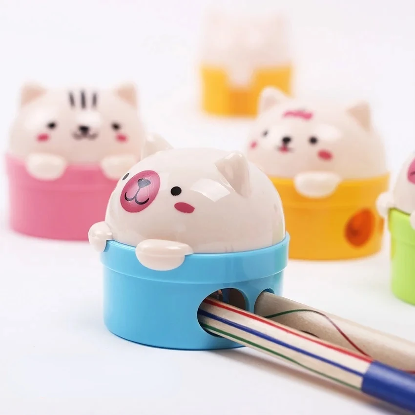 1PC Stationery Double Holes Pencil Sharpener Cartoon Cat and Bear Plastic   for Kids Student School Color Set