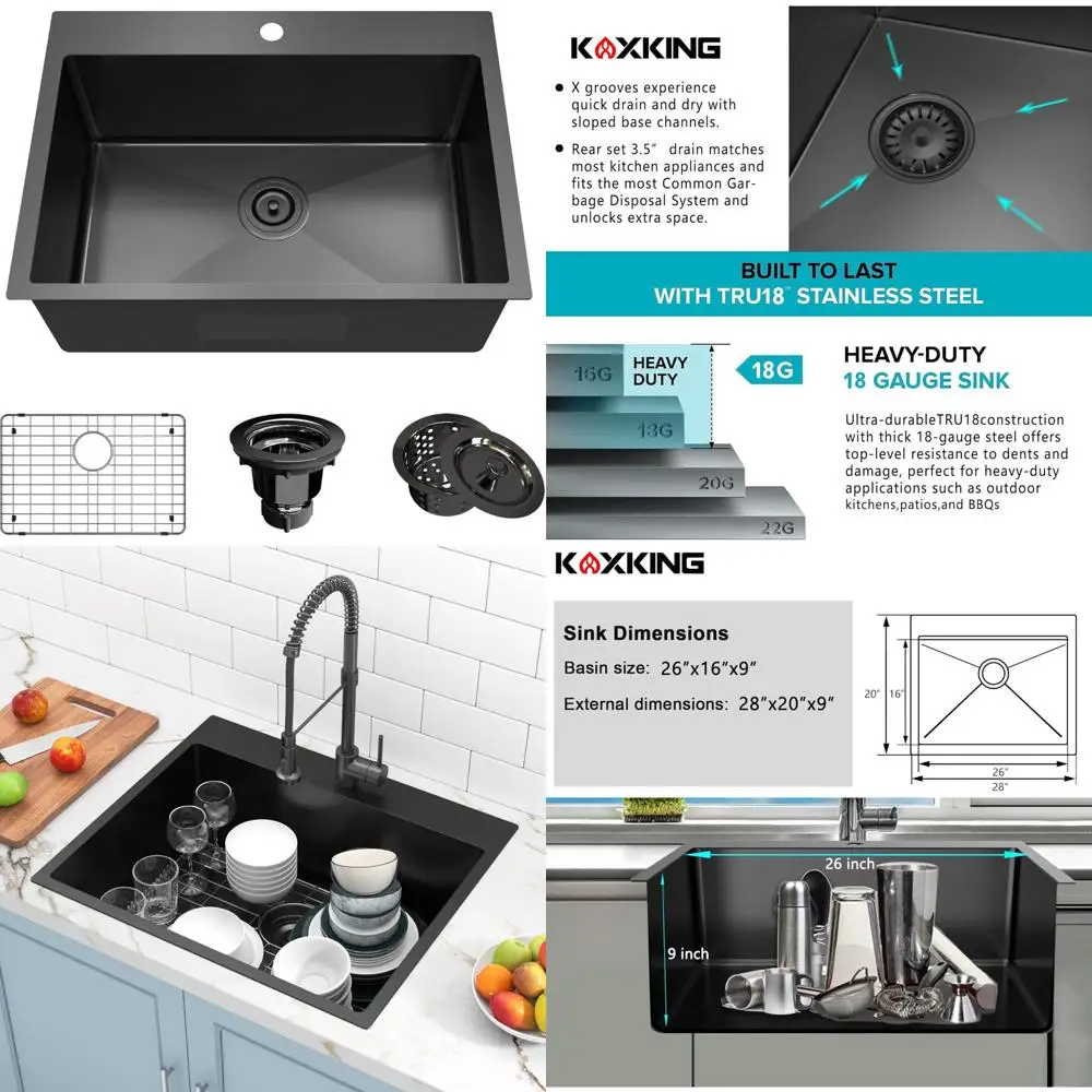 

Single Bowl Topmount Drop-In Kitchen Sink, 28x20 Inch, 18 Gauge Black Stainless Steel with Bottom Grid and Drain Strainer