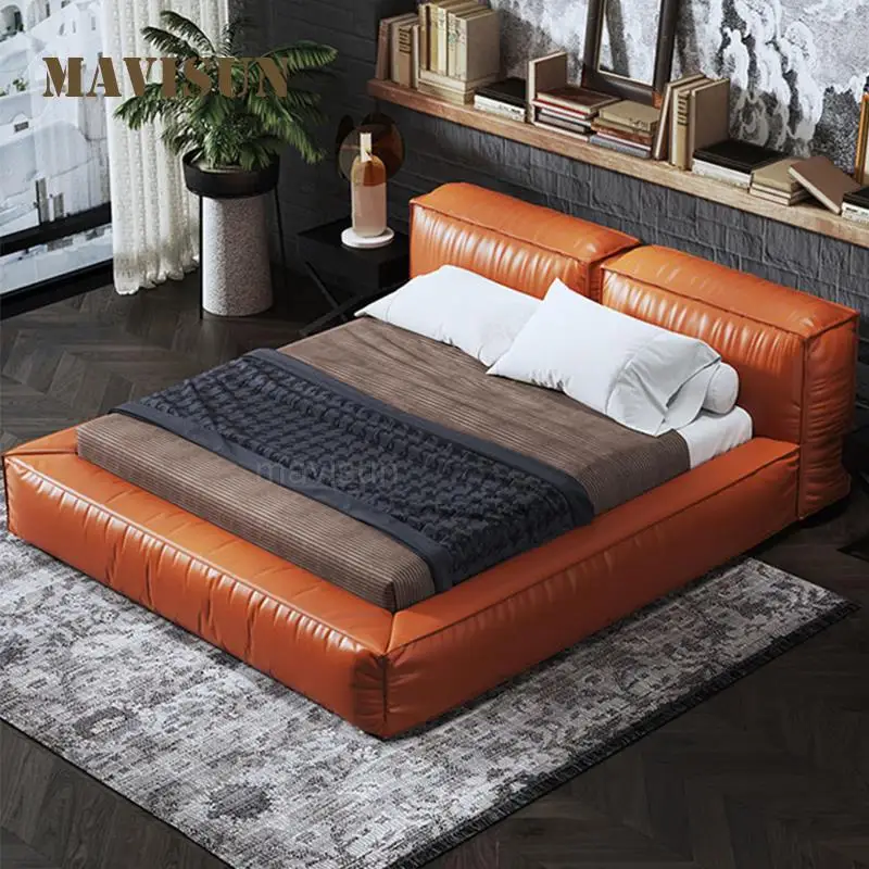 Leather Bed Light Luxury Soft Bag Master Bedroom Small Apartment First Layer Cowhide Industrial Style Modern Nordic Storage Bed