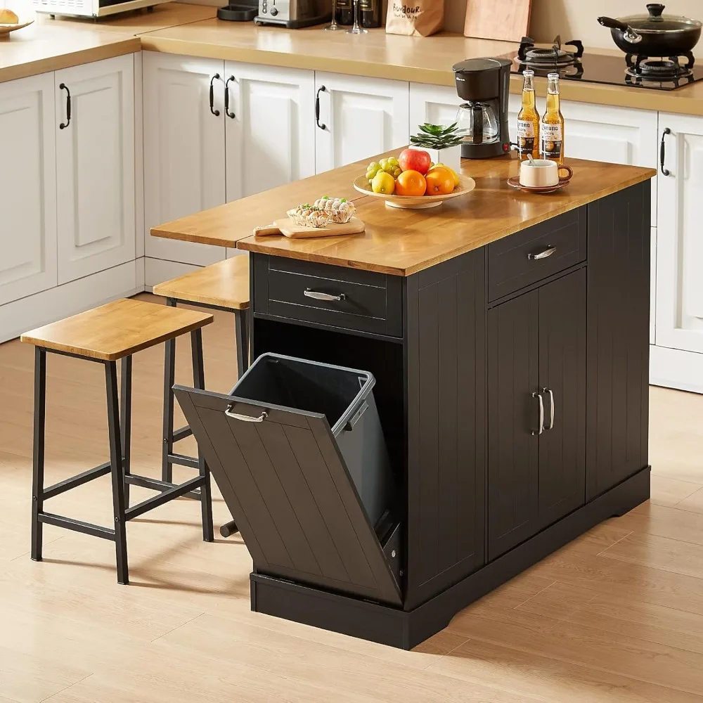 

Kitchen Island Set with 2 Stools, 47-Inch Expandable Drop Leaf Counter, Bar Table with Spice Storage and Built-In Trash Bin