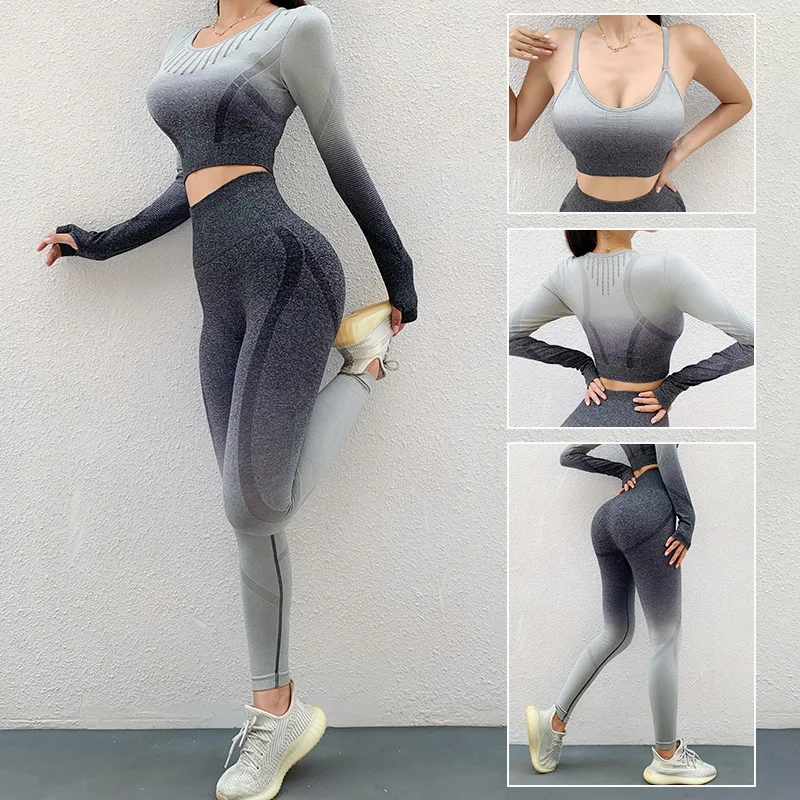 

Yoga Suit Three Piece Set Bra+longsleeve+leggings Gradient Tight Sportswear Workout Clothes for Women Fitness Clothing Tracksuit