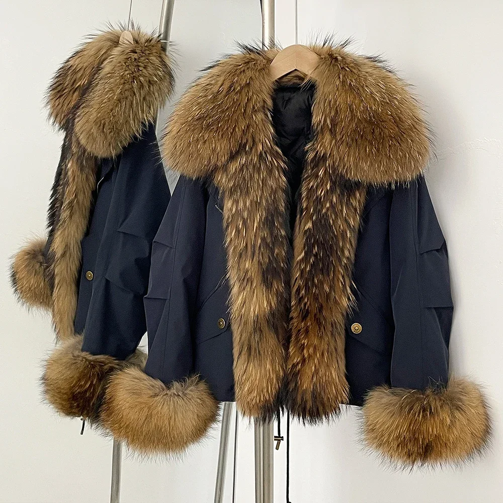 White Duck Down Reality Fur Coat Women New Fox Fur Collar Autumn Winter Fashion Warm Coat Natural Raccoon Fur Puffer Jacket