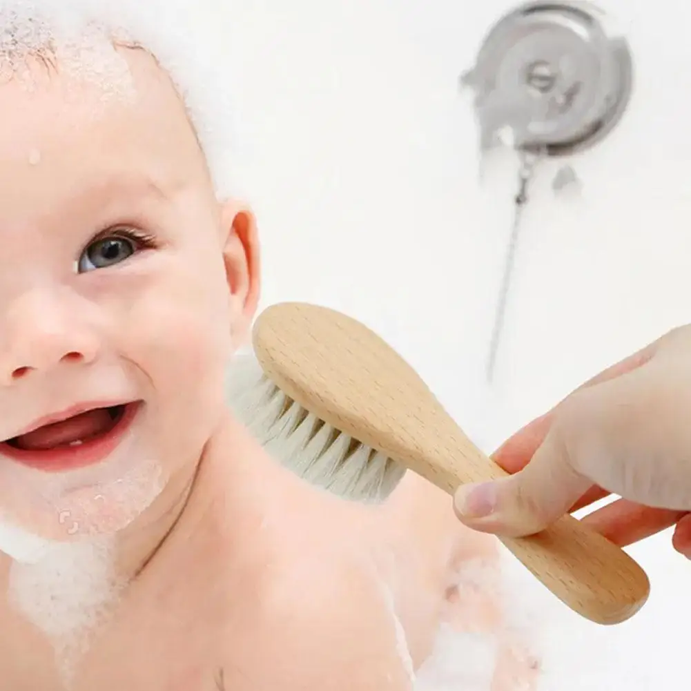 Peine de baño para bebé, cepillo de pelo de lana Natural pura, masajeador de madera, regalo de registro