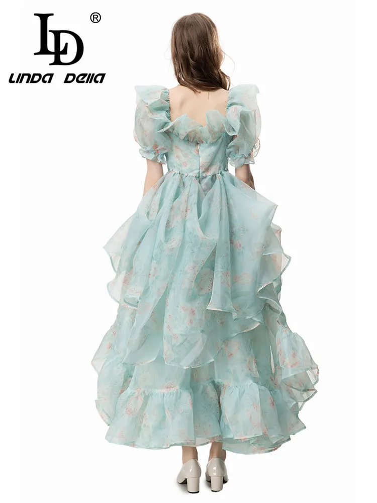 LD LINDA DELLA Summer New Style Elegant Pretty Dress Women's Gorgeous Print Ruffles Puff Sleeve Side Split Ball Gown Dress