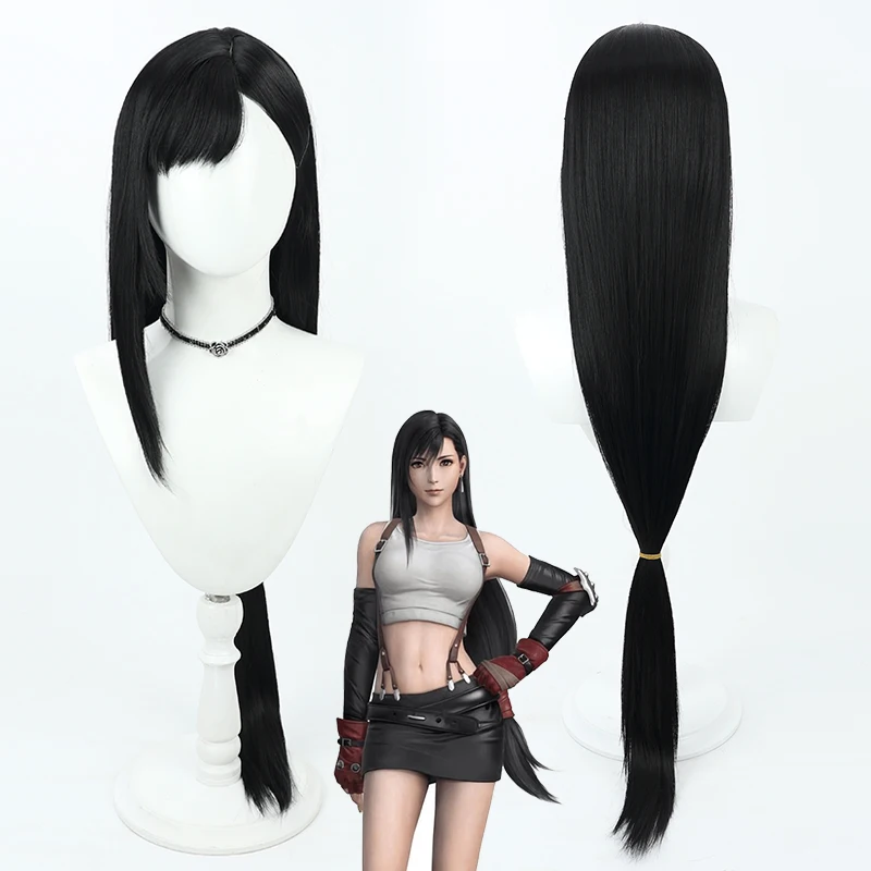 Final Fantasy VII Tifa Lockhart Cosplay Wig 100cm Long Natural Black Straight Side Parting Styled Synthetic Hair Wig