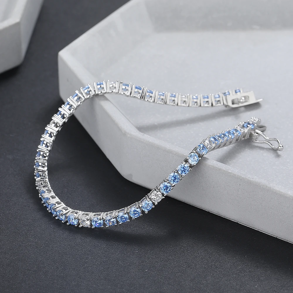 3mm Real 925 Silver Tennis Bracelet Montana Blue/Aquamarine/White Cubic Zircon Mix Color Fine Jewelry Chain