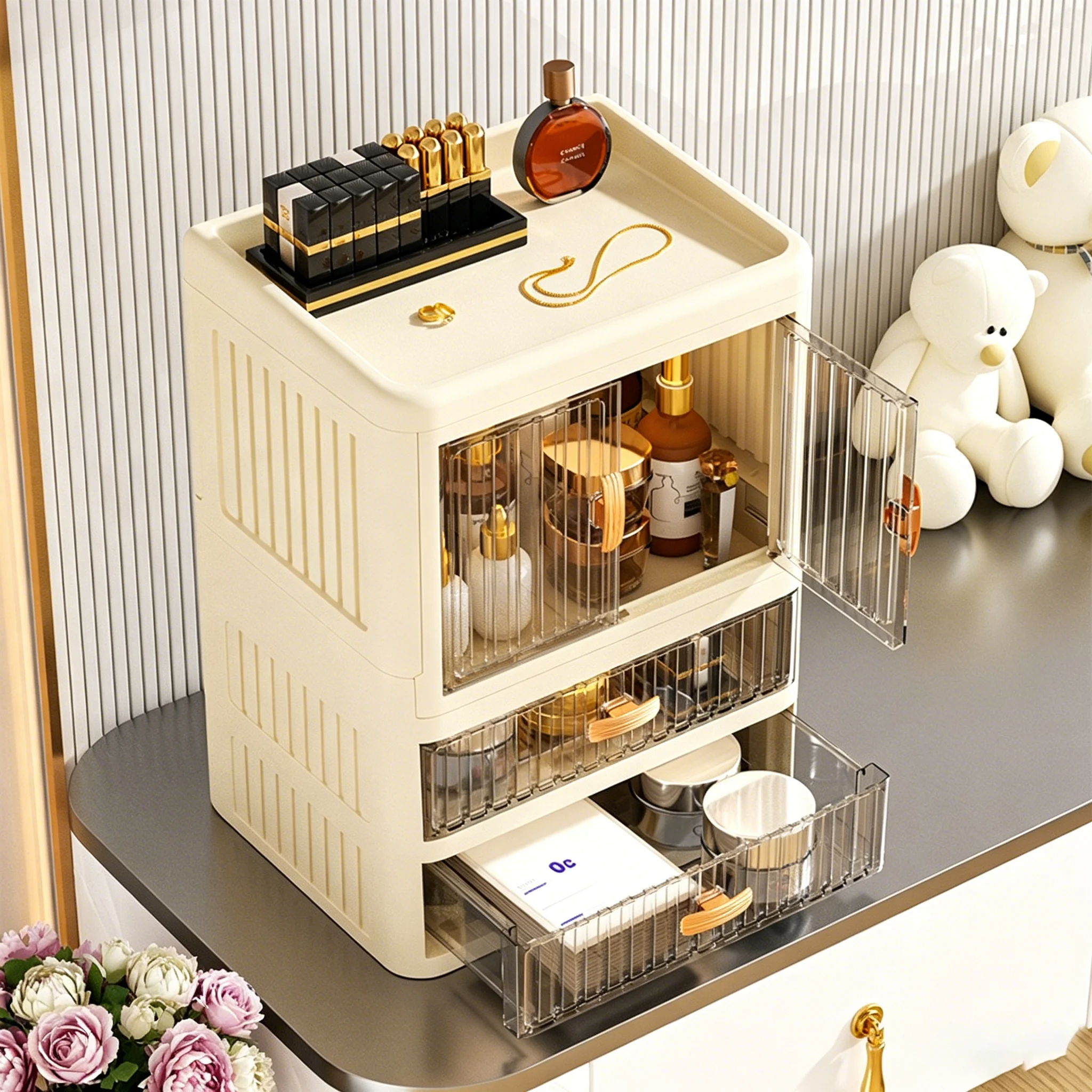 1 Large-Capacity Cosmetic Storage Box, Drawer-Style Desktop Organizer, Desktop Organizer for Skincare Products and Lipsticks, Made of Durable Plastic, Suitable for Bathroom, Dressing Table, Home Decoration, and Desktop Organization and Storage - Multi-Scenario Storage, a Must-Have for Beauty Enthusiasts, Organizer Box, Universal for Dormitories and Home Use