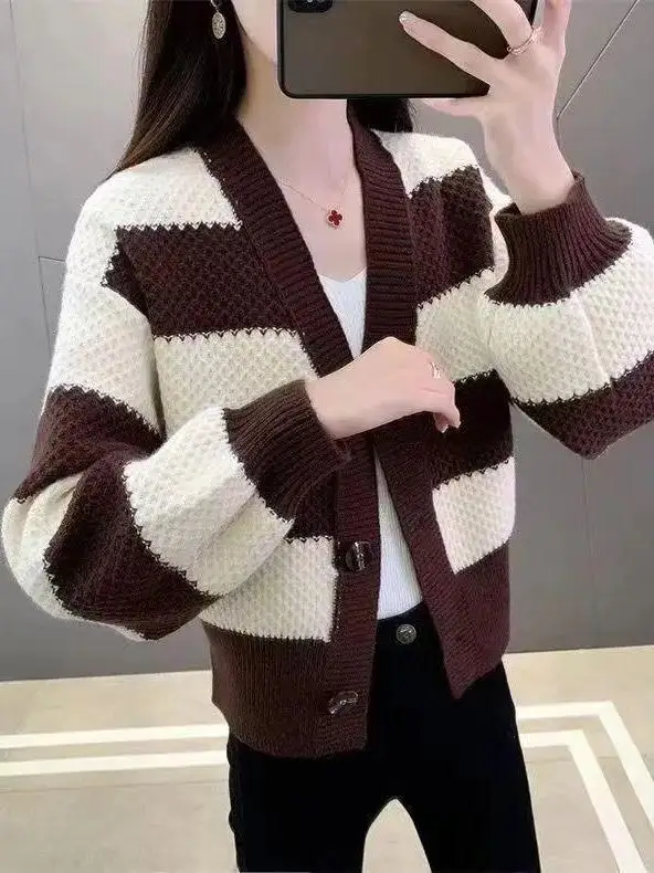 Spring New Women's V-neck Knitted Open Cardigan Stylish Versatile Slimming Classic Plaid Color Block Loose Sweater Coat