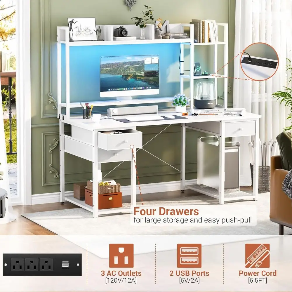 LED-lit Outlets Gaming Desk with Hutch, 47.2 Storage Drawer Computer Desk, Reversible Large Workstation Desk with Bookshelf for