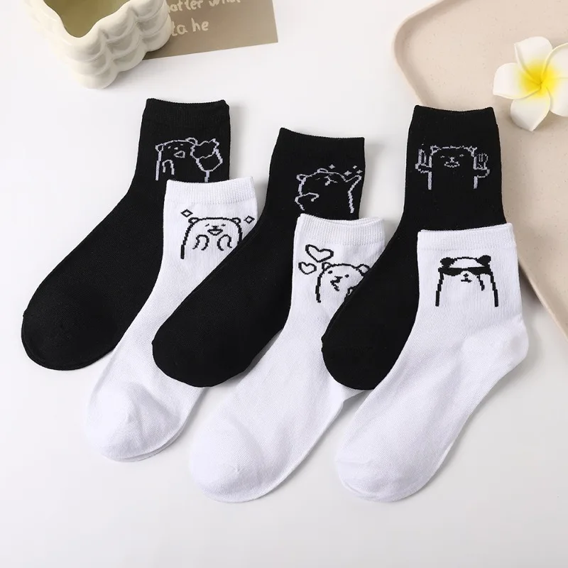 

1/6 Pairs Spring and Autumn Fashion New Black and White Expression Middle Socks Casual Comfortable Versatile Women's Socks 2025