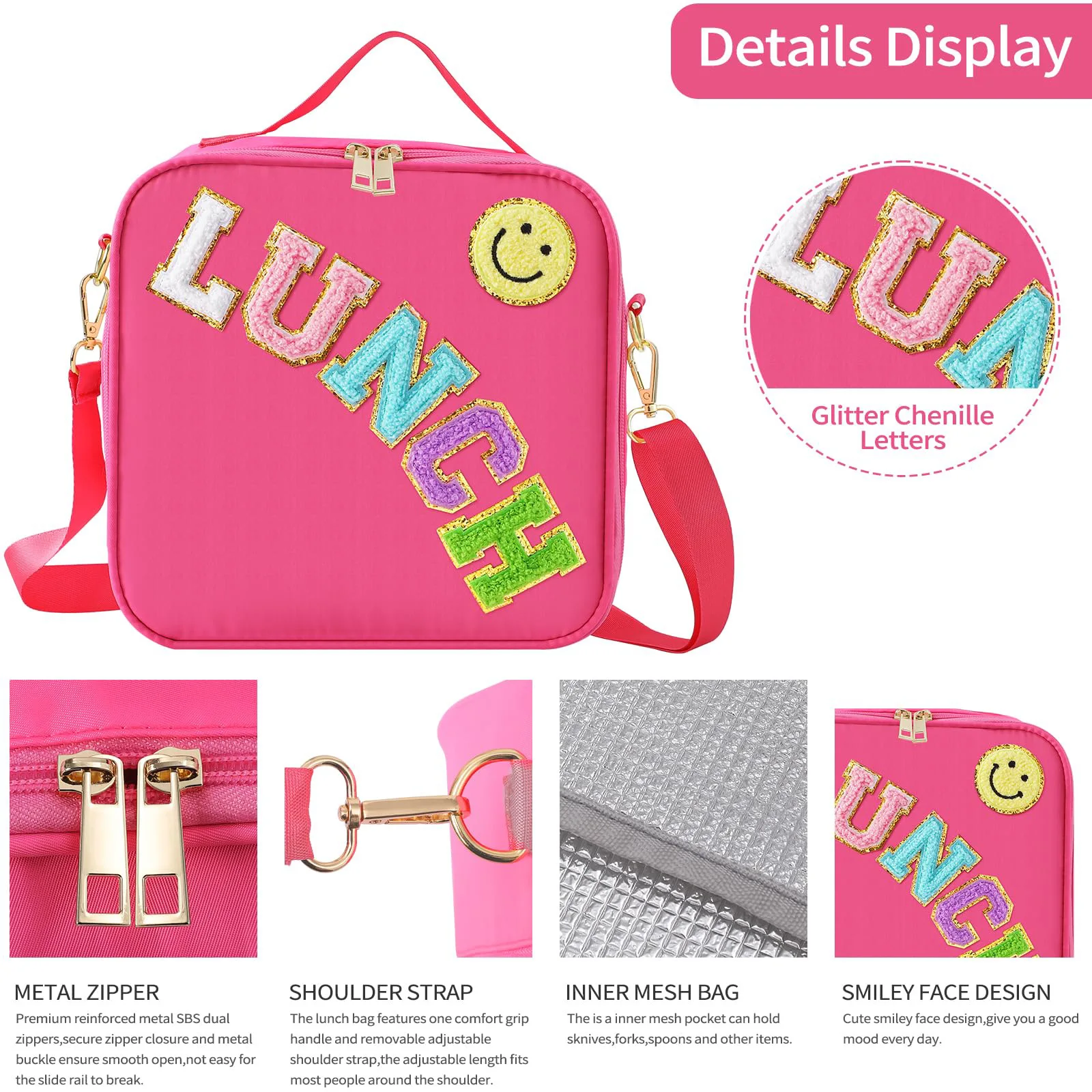 Nylon Insulated Lunch Bag Reusable Tote Bag Leakproof Thermal Cooler Sack Preppy Lunch Bags for School Travel Picnic For Kids