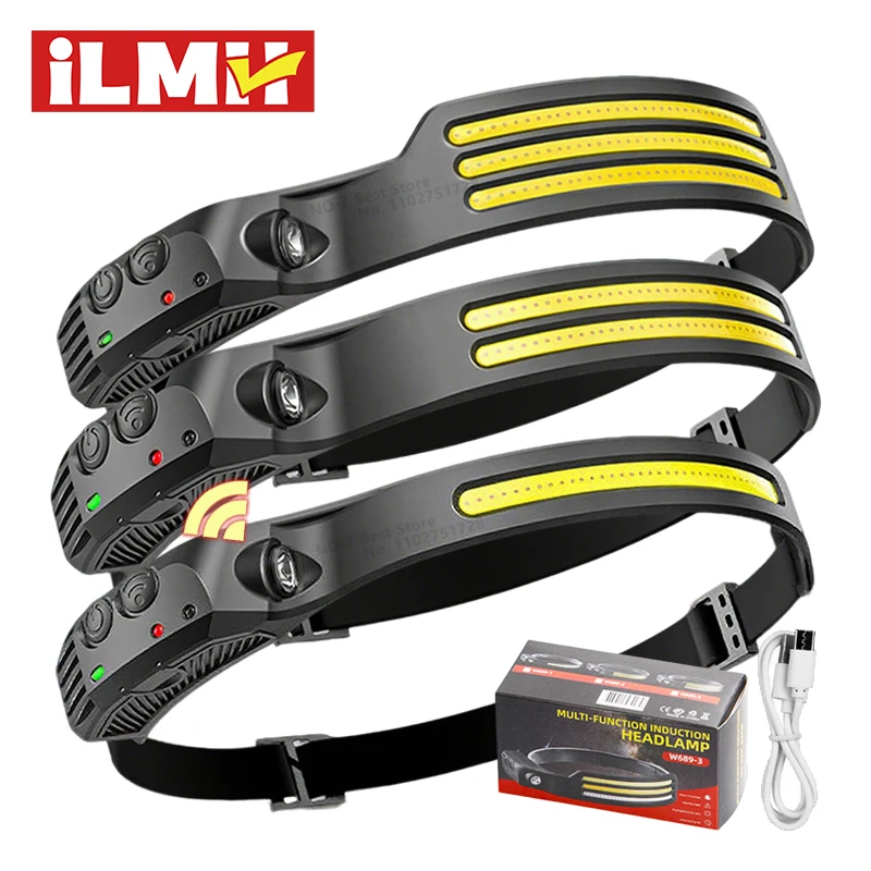 COB LED Headlamp USB Rechargeable Motion Sensor Headlight Waterproof Wide Beam Head Flashlight for Camping Fishing Outdoor
