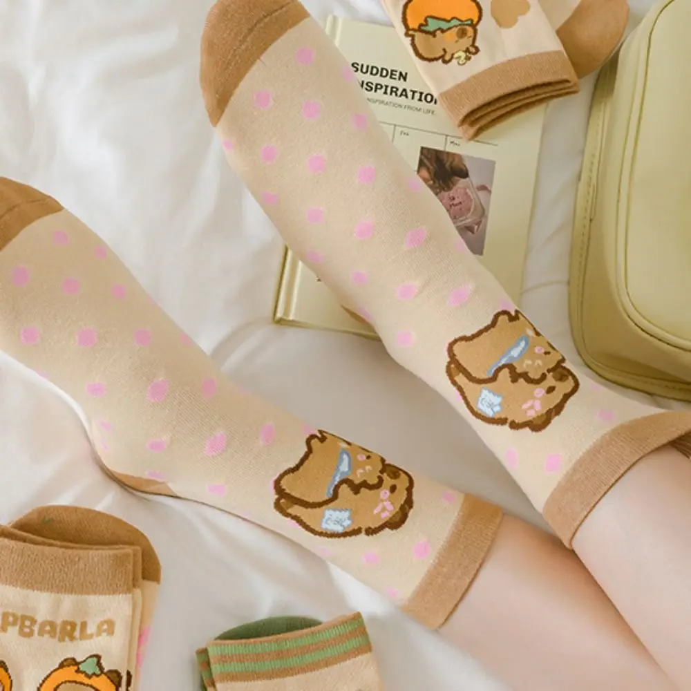 3Pairs Breathable Stripe Capybara Tube Socks Letter Dot Cartoon Socks Patchwork Anti-slip Socks Women Streetwear