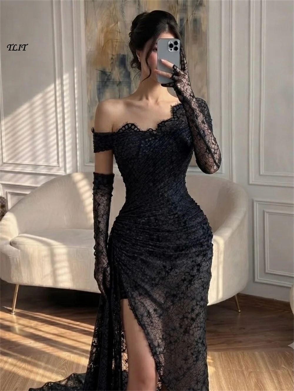 TLIT Chic Black Mermaid Evening Dress Off the Shoulder Side High Slit With Lace Gloves Pleat Formal Prom Dress Customizd Party G