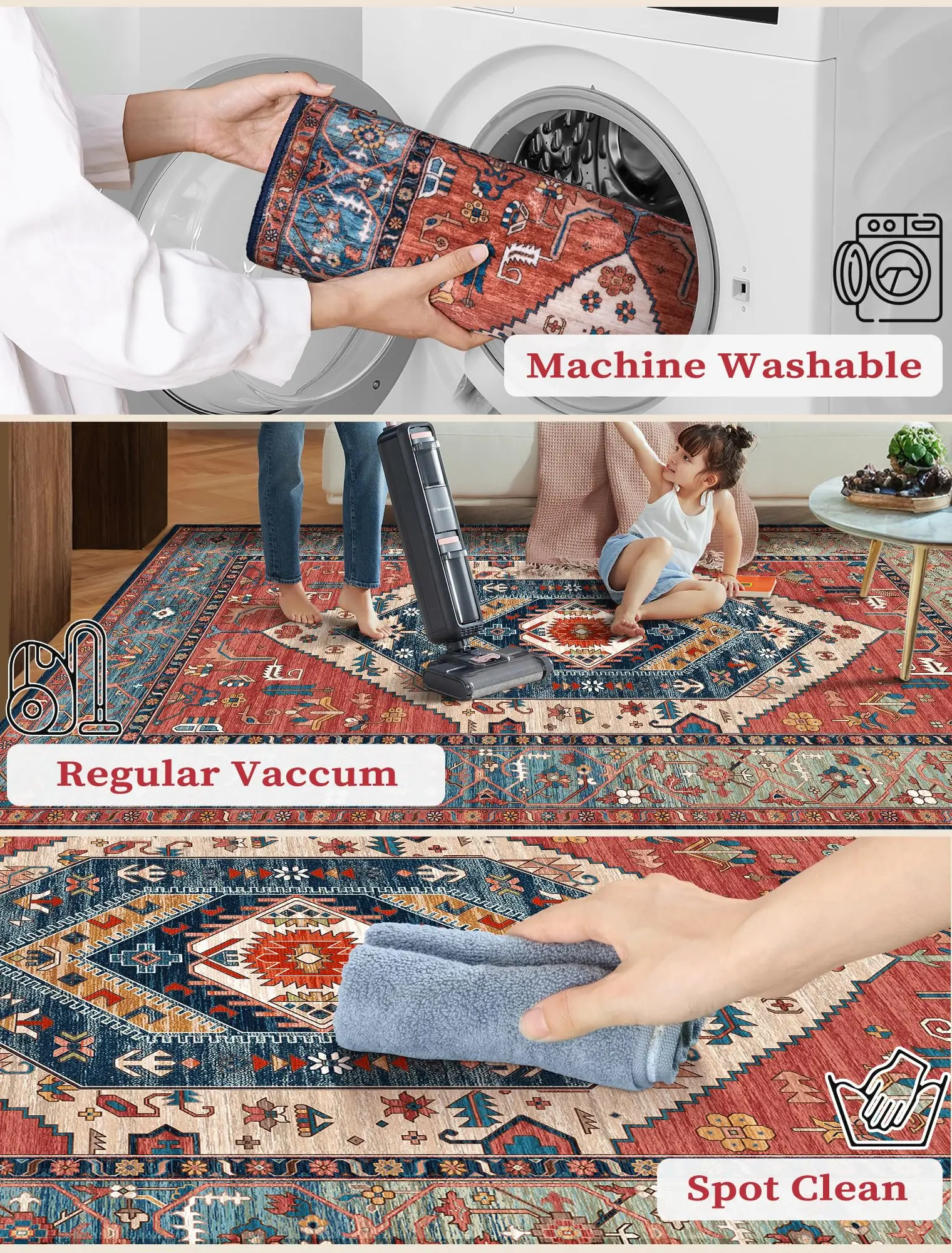 vikama Area Rug Boho Rust Rugs Machine Washable Kitchen Rugs Non-Slip,Ultra Soft Print Carpet for Bedroom Living Room Dorm Decor