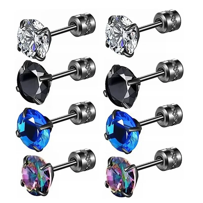 2/8pcs 20G Hypoallergenic Titanium Steel Stud Earrings for Men Women, Zircon Screw Back Earring Cartilage Tragus Ear Piercings