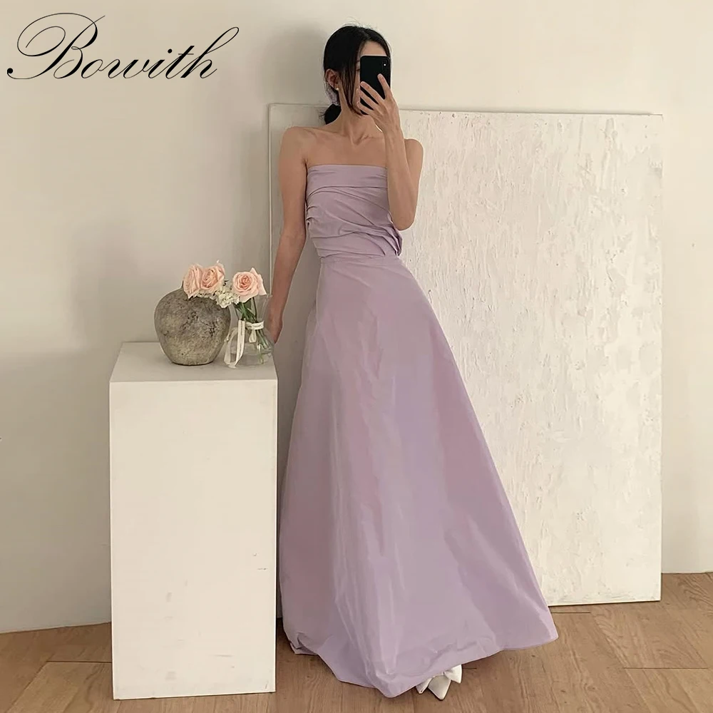 

Bowith Lavender Korean Wedding Dresses Detachable Puff Sleeves Strapless A-Line Evening Dresses Customized Simple Bridal Gown
