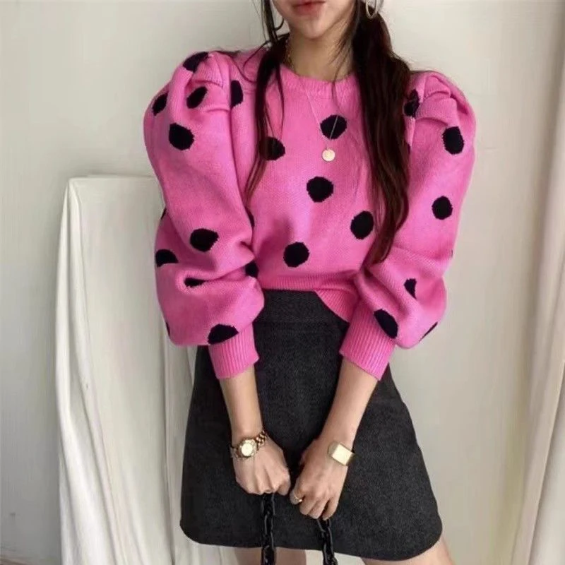 Vintage Polka Dots Knit Sweater Women Puff Sleeve O Neck Loose Casual Pullovers Korean Simple All Match Office Lady Fall Jumpers