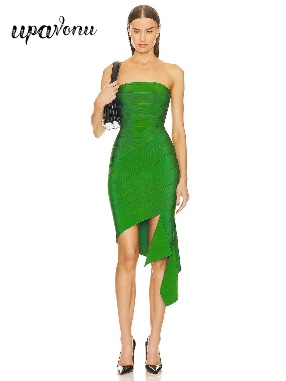 

2024 Sexy Women Green Bandage Dress Strapless Sleeveless Bodycon Off Back Asymmetric Dress Celebrity Club Evening Party Vestidos